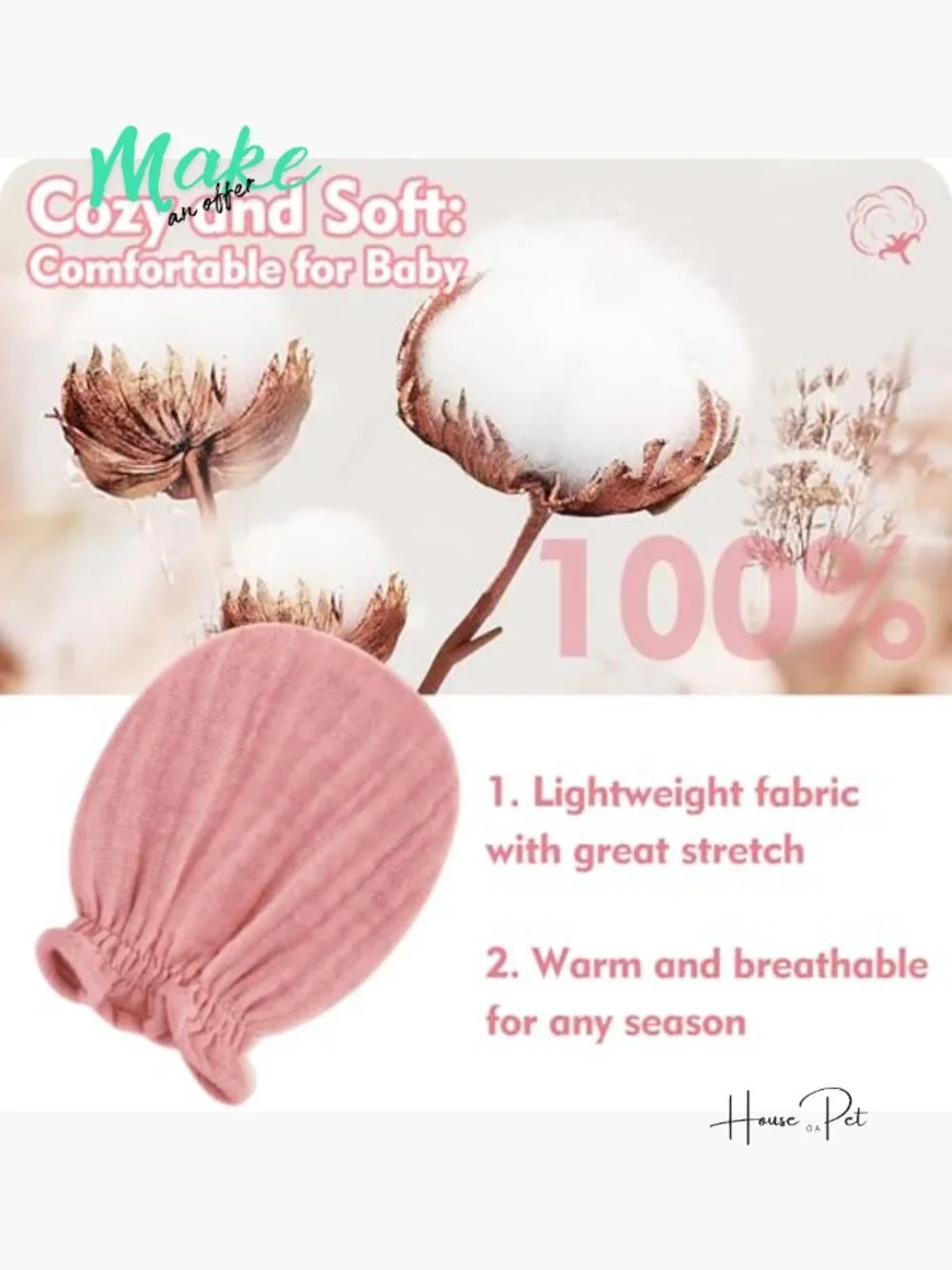 100% Cotton Muslin Baby Mittens for Newborns 0-6 Months
